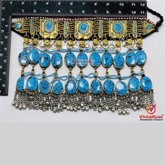 Turquoise Stone Afghan Choker: Tribal Kuchi Jewelry Statement Necklace - Picture 7 of 7
